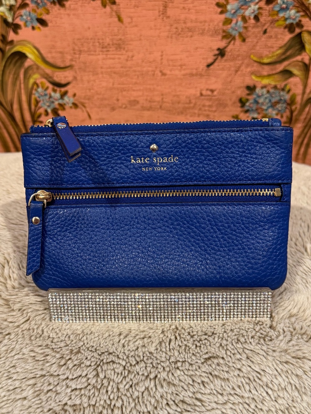 kate spade Blue Pebbled Leather Zip Clutch